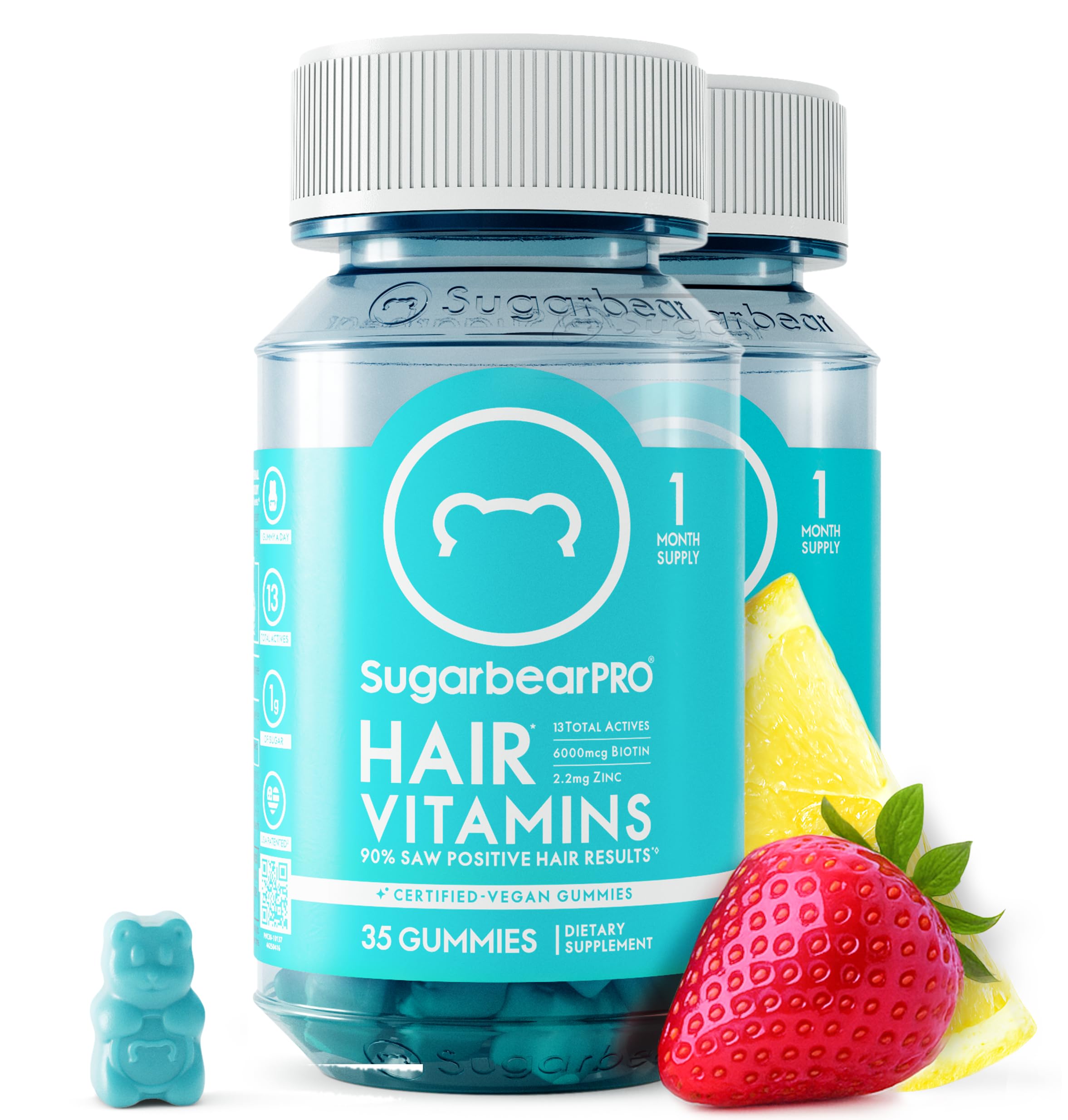 SugarbearPRO Hair Vitamin Gummy 2 Month Supply Extra Strength Biotin 6000mcg, Growth for Men & Women, Vegan Vitamin B12, MSM, Inositol, Omega 3, Elderberry, Certified Kosher, Halal, Cruelty-Free