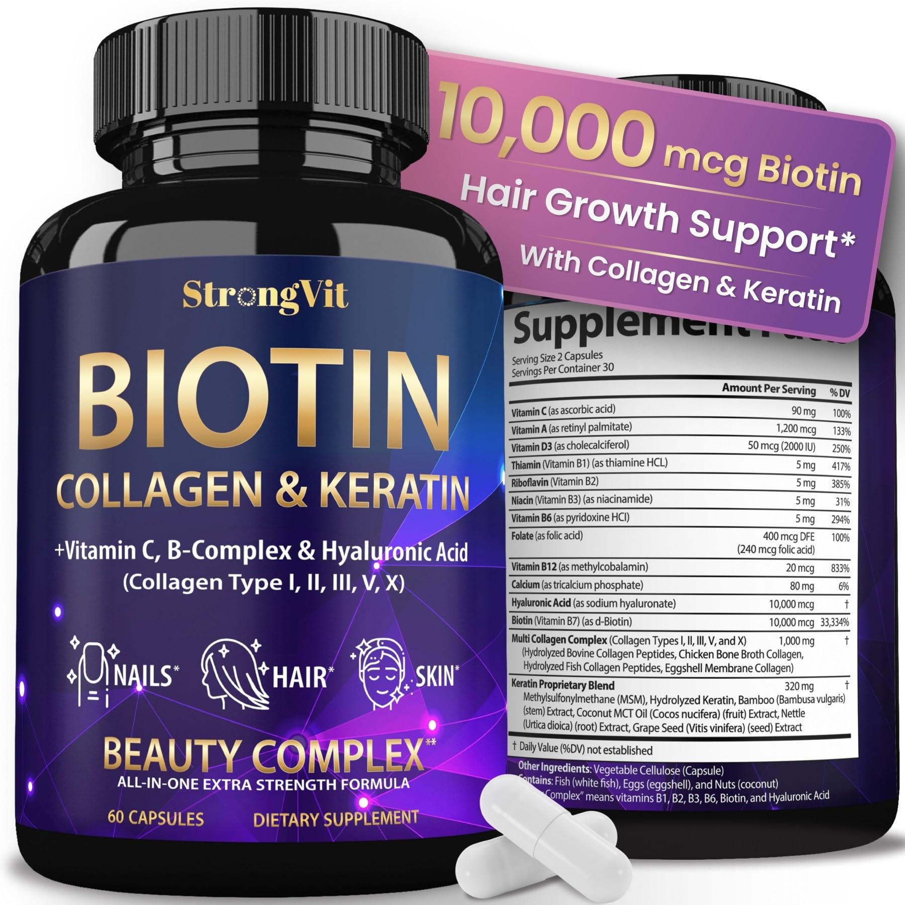 Biotin with Hyaluronic Acid, Keratin and Collagen Supplement - 60 Capsules